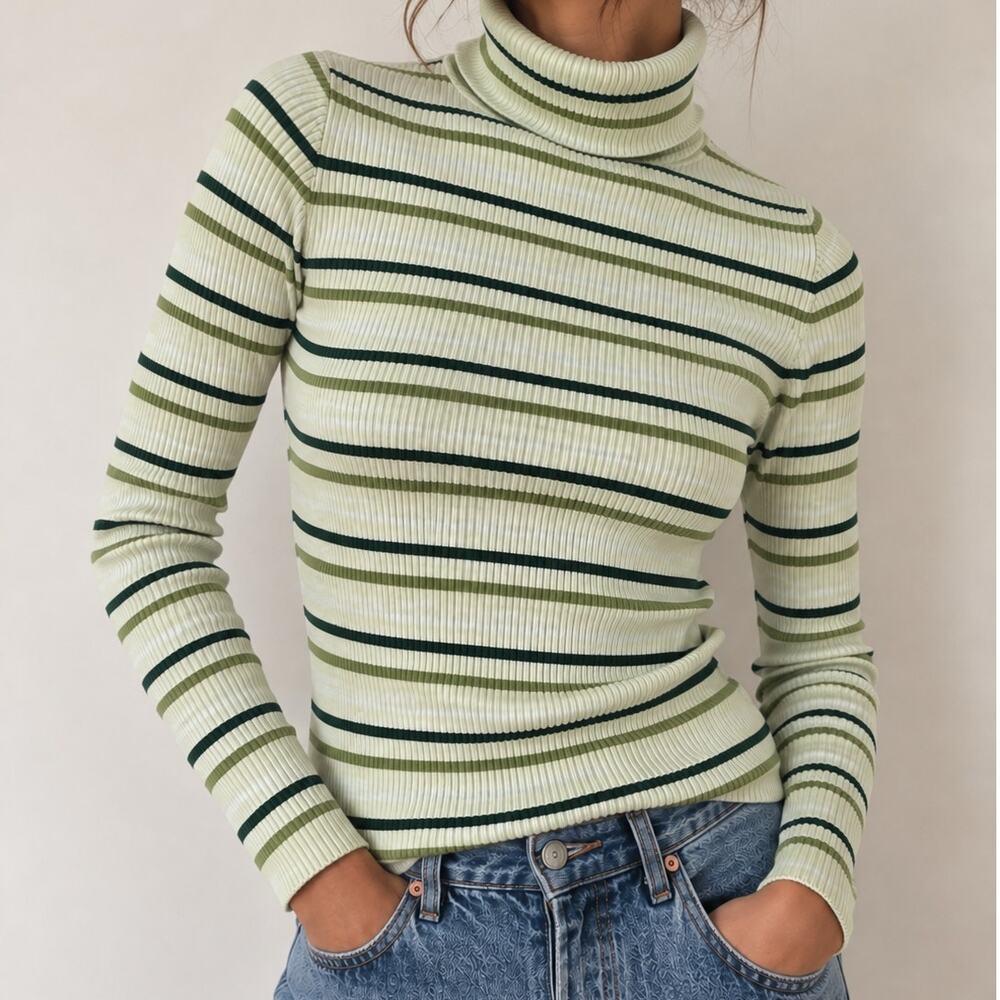 Y2K GAP Stretch Striped Turtleneck Sweater Top Green Vintage Large Preppy Womens